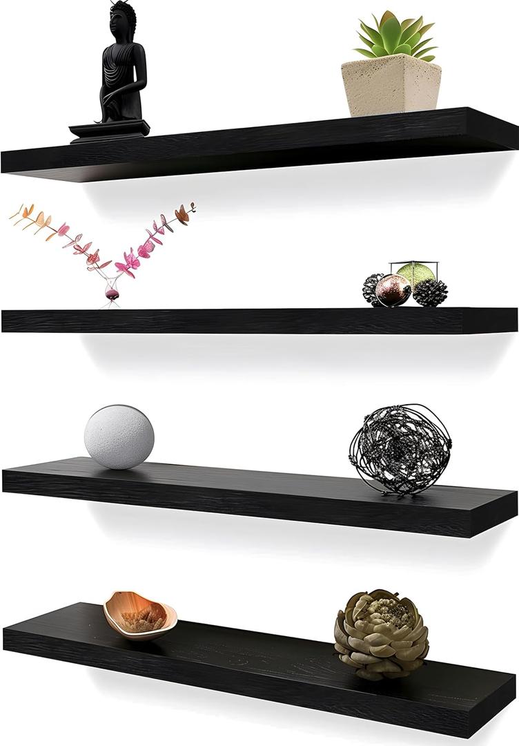 Wood Floating Shelves for Wall Decor, Rustic Wall Shelves for Bedroom Bathroom Kitchen Living Room, Set of 4 Black 24 Inch (24inch)