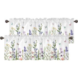 Spring Wildflower Green Leaves Valance for Windows,Window Treatment Curtains Rod Pocket Sheer Small Short Valance for Kitchen Bathroom Laundry Basement,2 Panels,42Wx12L inch,Watercolor Floral