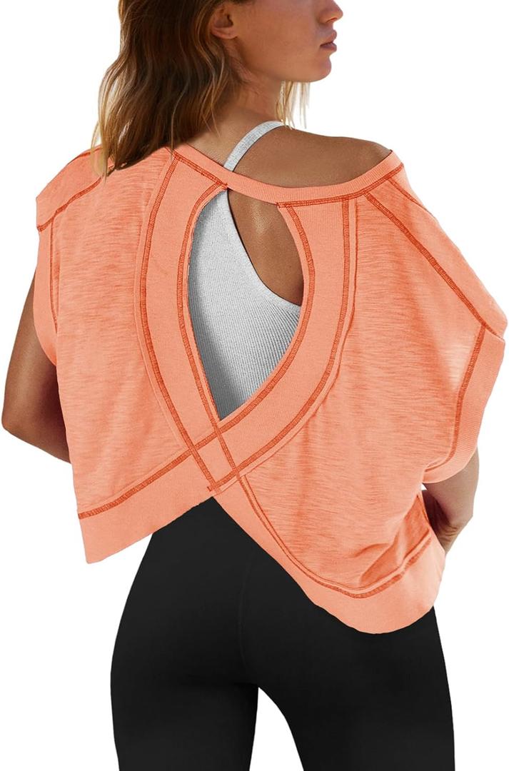 SENSERISE Womens Open Back Workout Tops Backless Short Sleeve Athletic Shirt Running Crop Top Gym Yoga Tee (X-Large, Coral Pink)