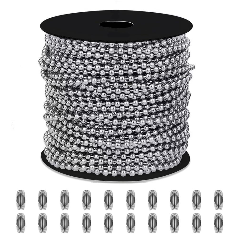 50ft Ball Bead Chain, Galvanized Steel, #10/4.5mm Bead Chain for Roller Shades, Blinds, Dog Tags, Jewelry & DIY Crafts (15M with Spool & 20pcs Connectors)