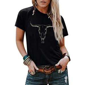 Boho Cow Skull Shirt Women Cowgirl t Shirt Vintage Western Rodeo Graphic Tee Short Sleeve Bull Skull Casual Top, XL Boho Cow Skull Shirt Women Cowgirl t Shirt Vintage Western Rodeo Graphic Tee Short Sleeve Bull Skull Casual Top, XL