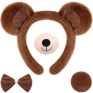 Halloween Bear Cosplay Set Bear Headband Bowtie Nose Tail for Carnival Costume Supplies(Dark Brown)