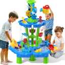 Kids Flower Water Sand Table for Toddlers - 2-Tier Outdoor Water Sand Play Table Toys for Boys Girls, Summer Splash Activity Sensory Table Party Birthday Gift for Kids 3-5 6-12(Blue)