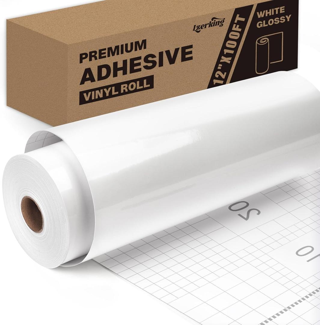 Lzerking Permanent Adhesive Vinyl - 12x100FT White Glossy Adhesive Vinyl Roll for Cricut, Silhouette Cameo, Craft Die Cutters, Scrapbooking