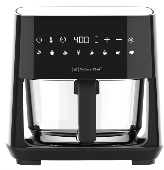 4.5-Quart Electric Air Fryer with Glass Basket, Adjustable Temperature, Touch Panel Control, One-Touch Cook Functions, and 360° Rapid Cooking, 1350 Watt Power