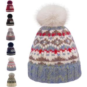 Kids Winter Knit Beanie Hat for Boys Girls Age 3-8 with Faux Fur Pom Warm Fleece Lined
