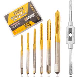 6pcs Metric Tap Set with Tap Wrench, M2～M6 Ti-Coated M2 HSS Thread Tap Set for Metal, Aluminum, Cast Iron, Brass