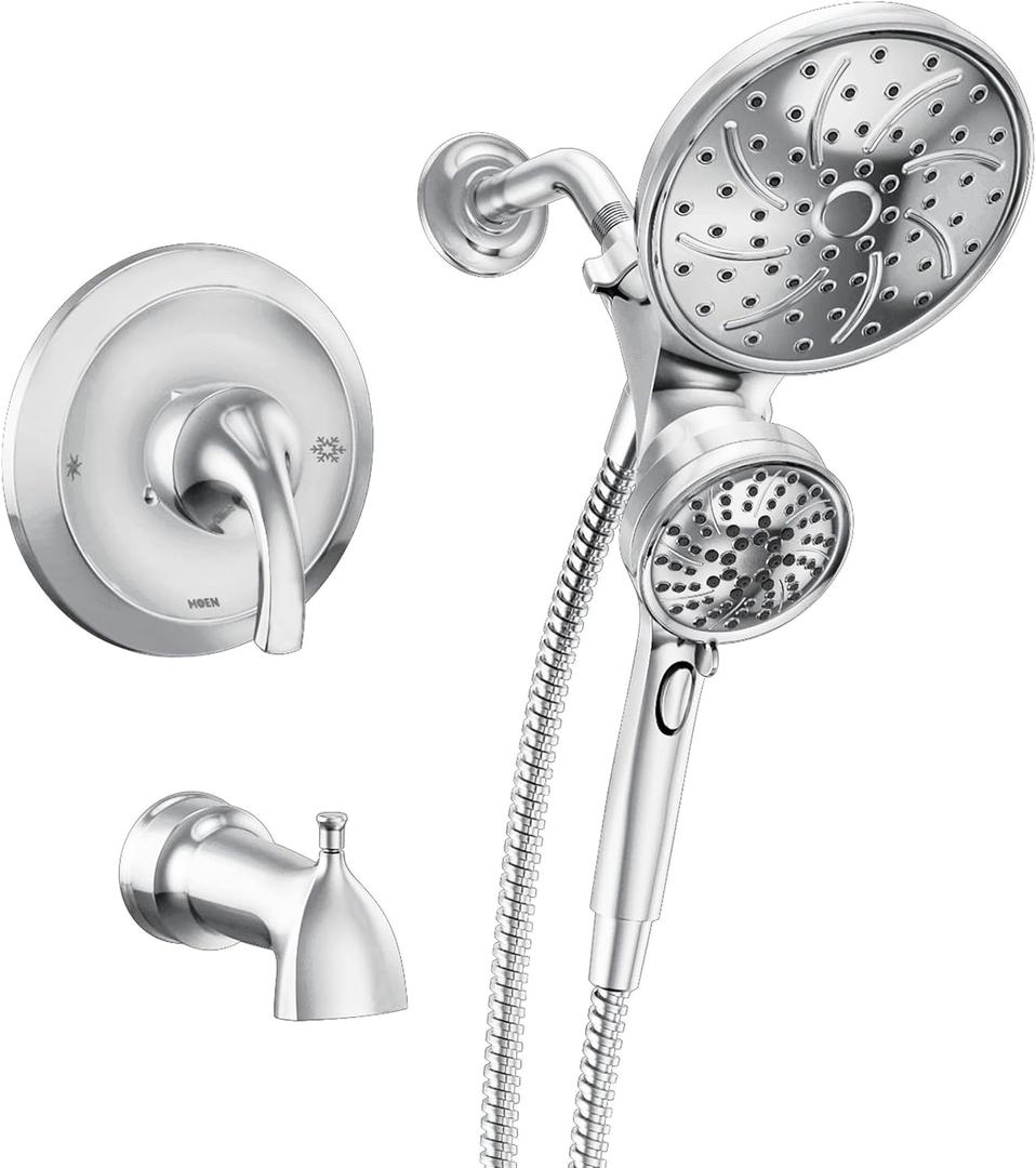 Moen Engage Magnetix Chrome Multi-Function Handshower and Rainfall Shower Head Trim Combo with Shower Handle, Tub Spout, Metal Hose, and Valve, 82304