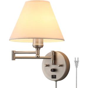 Swing Arm Wall Sconces, Plug-in Wall lamp,Bedroom Wall lamp White Fabric Shadewith dimmable Switch and USB Charging Port, Suitable for Bedside, Living Room, Reading (Nickel)