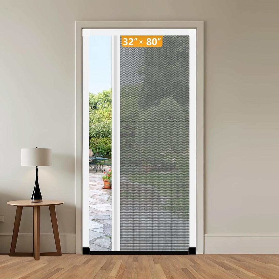 Yotache Retractable Screen Door Fit 32"x80" to 32.5"x80.5" Doors, Cuttable Aluminum Frame and Foldable Invisible Mesh for Front/Back Patio Sliding Door, Magnetic Closure