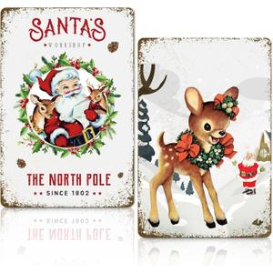 Christmas Vintage Decor Santa's Workshop Reindeer Metal Signs Plaque Retro Christmas Wall Art Decor Funny Vintage Santa Reindeer Sign for Home Coffee Shop Wall Decorations Poster 8x12in, Santa, Deer