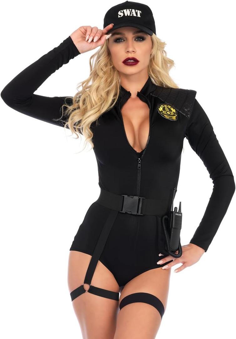 Leg Avenue womens 5 Pc Swat Team Babe Costume With Bodysuit, Belt, Leg Garter, Toy Walkie Talkie, Hat (Small, Black)