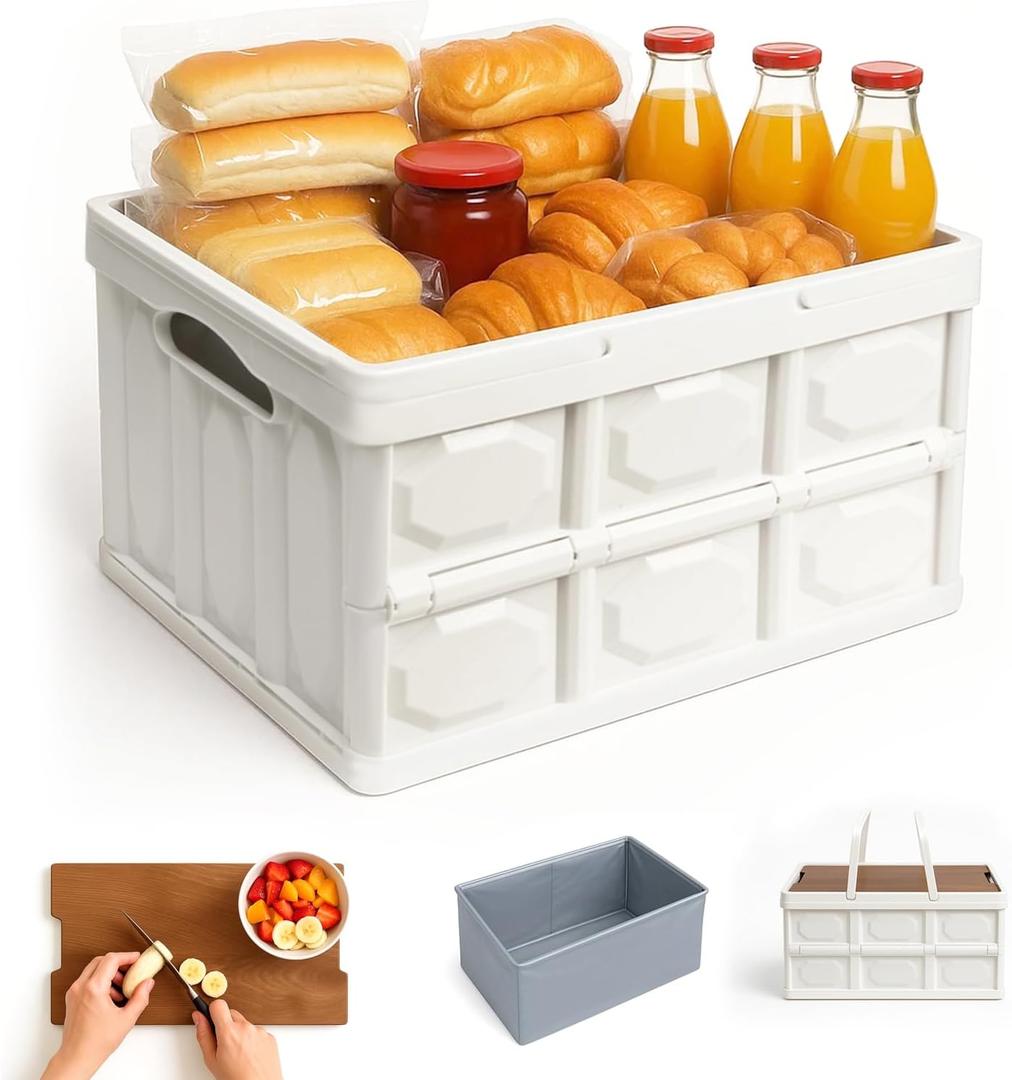 Collapsible Picnic Basket Set for 2  Insulated Plastic Picnic Basket with Waterproof Bag & Wooden Lid, Large Capacity Stackable Storage Bin for Outdoor, Camping, Picnics, Home Organizing