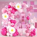 139pcs Pink Cartoon Cat Balloon Garland Arch Kit, Hot Pink White Long Balloons with 15inch Flower Foil Balloons for Cat Themed Birthday Baby Shower Party Decorations