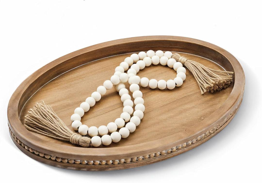 16" x 11.8" Oval Wood Decorative Tray with 58" Bead Garland, Farmhouse Coffee Table & Kitchen Island Dcor, Rustic Brown Entryway Console Tray for Styling, Candles & Small Items