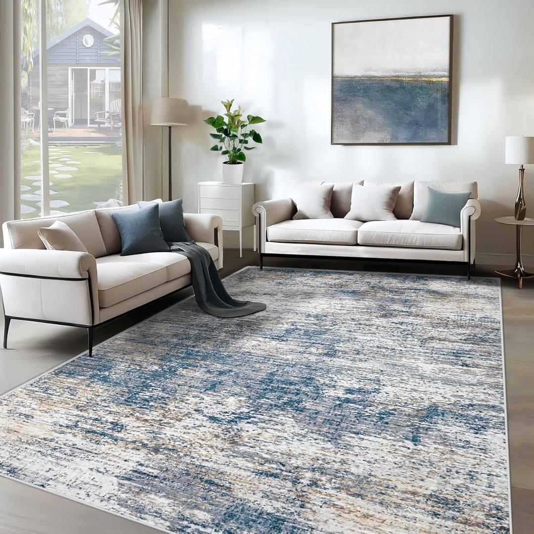6x9 Area Rugs for Living Room, Washable Modern Abstract Large Area Rug Neutral Soft Non Slip Kids Rug Stain Resistant Indoor Carpet for Bedroom Nursery Dining Room Playroom Office (Blue White, 6'x9')