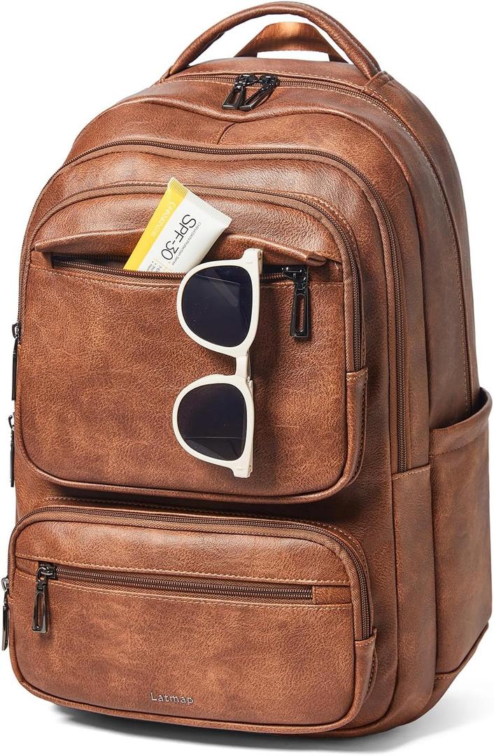 43L Backpack Purse For Women Men Leather Shoulder Diaper Bookbag Tote 17 16 15.6 Inch Laptop Bag Handbags For Travel Work College Large Brown