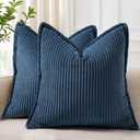 decorUhome Summer Corduroy Navy Blue Throw Pillow Covers 18x18 Set of 2 Decorative Soft Boho Farmhouse Couch Pillow Covers for Living Room Bed Sofa Broadside Striped Pillow Cases