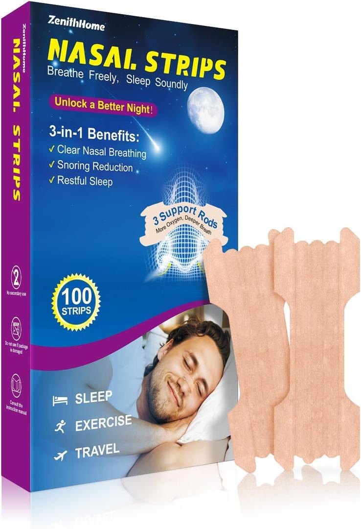 Nasal Strips for Snoring, 100 Count Extra Strength Nose Strips for Breathing, Anti Snoring Devices for Sports and Sleep, Help Stop Snoring, Relieve Nasal Congestion, Drug-Free, Deeper Sleep