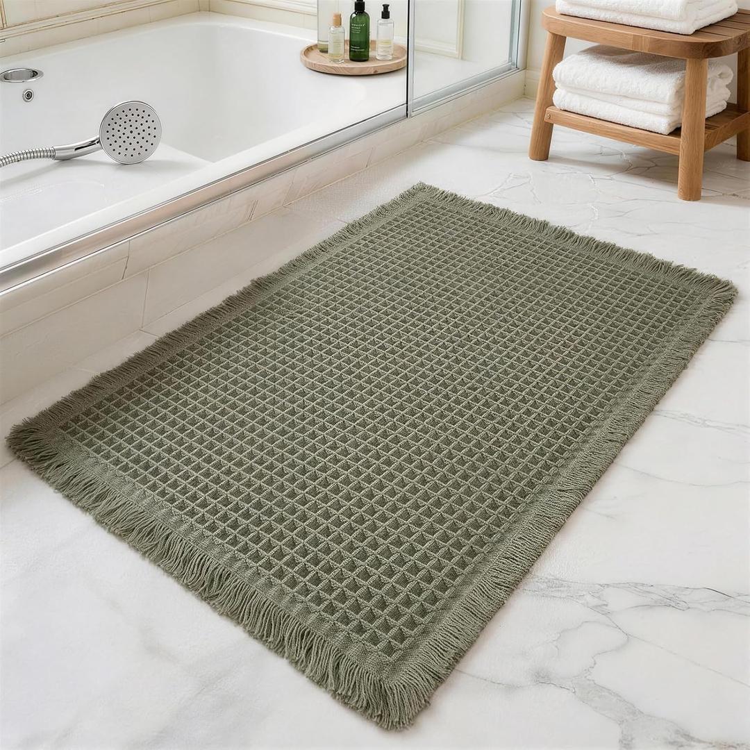 Waffle Bathroom Rugs, Large Non Slip Absorbent Waffle Knit Bath Mat for Shower Floor, Tub and Bathroom Door, Ultra Soft Quick Dry, Olive Green, 24"x36"