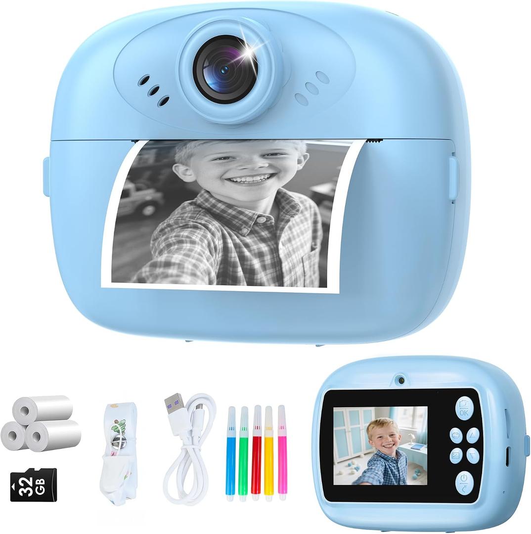 Kids Instant Print Camera,1080P Video Instant Camera for Kids with 32GB SD Card, Toy Camera Christmas Birthday Gift for Girls Boys Age 3 4 5 6 7 8 9 10, Christmas Stocking Stuffers,Blue