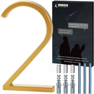 VONDERSO 6 Inch Floating House Numbers for Outside, Modern Metal Address Number 2, Durable Weather-Resistant Gold Powder Coated Finish, No Fading (Gold)