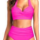 Tempt Me Women Two Piece Vintage Swimsuit Retro Halter Ruched High Waist Bikini with Bottom (Small, Hot Pink)