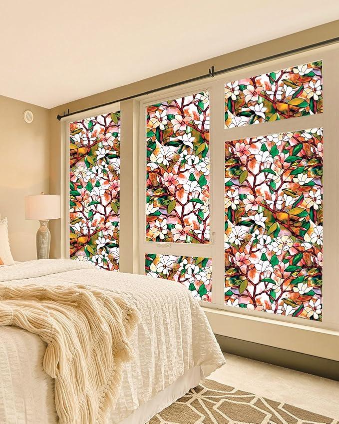 Stained Glass Privacy Film Decorative, Magnolia Window Film for Home, Frosted Tint, Covers Cling, 17.5 Inch by 157.4 Inch