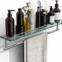 24-Inch Towel Rack with Shelves Tempered Glass Bathroom Shelves with Bar - Chrome Polished Modern Stainless Steel, Wall Mount Rustproof Tower Rail, 24-inch with Railing