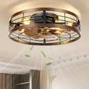 VOLISUN Farmhouse Caged Ceiling Fans with Lights Flush Mount, 19.7'' Rustic Low Profile Ceiling Fan with Light and Remote, Bladeless Fandelier Ceiling Fans with Lights for Kitchen, Bedroom-Gold