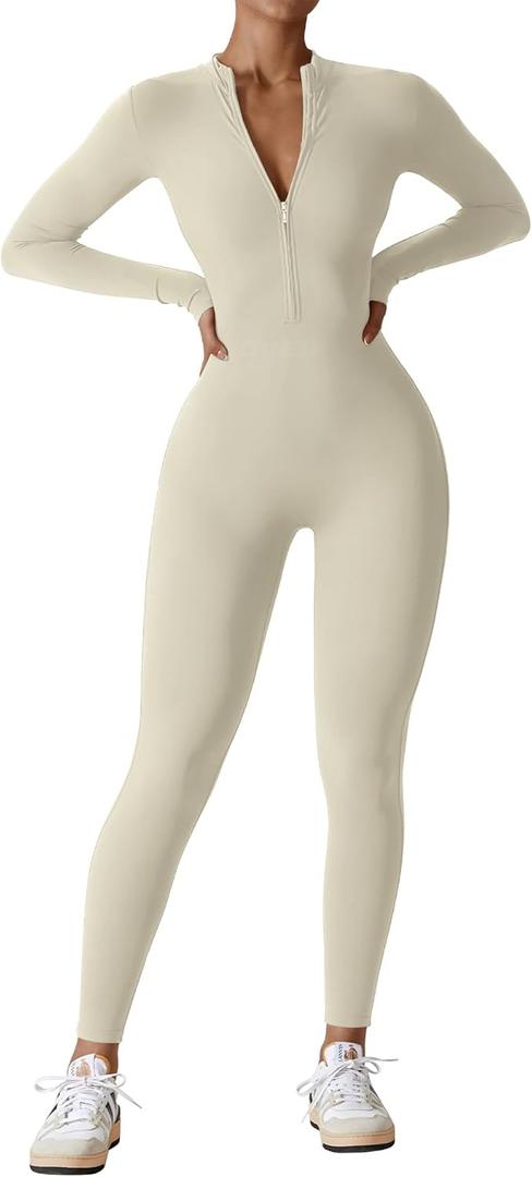 YEOREO Women Long Sleeve Workout Jumpsuit Zip Up Romper Bottom Pants Bodysuit Bodycon Sexy One Piece (Cream) XL