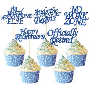 20 PCS Happy Retirement Cupcake Toppers, Glitter Officially Retired Cake Decorations No Work Zone Adventure Begins Cupcake Decor for Retirement Theme Farewell Birthday Party Supplies (Dark Blue)