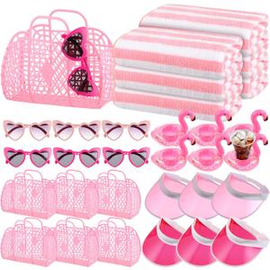 Reallnaive 50 Pcs Bachelorette Pool Party Favors Set for Women 10 Guest Pink Jelly Tote Bags Heart Sunglasses Quick Dry Towels Inflatable Drink Holders Sun Visor for Bridal Shower Beach Party Supplies