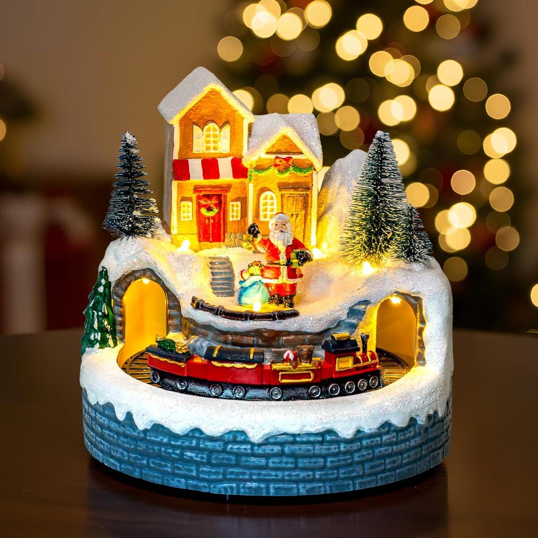 Animated Collection Figurines Musical Santa Clau Christmas Village Houses with Rotating Train, Lighted Christmas Collection Figurines for Home Tabletop Decorations Ornaments Gifts