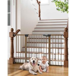 Cumbor 29.7-54.2" Wide Baby Gate for Stairs, Mom's Choice Awards Winner-Self Closing Dog Gate Indoor for Doorways, No Drilling Pressure Mounted Pet Gates for Kids, Easy Walk Through Safety Gate, Brown