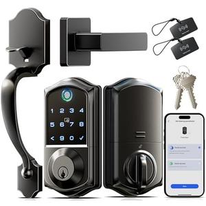 Veise VE017-H Fingerprint Smart Front Door Lock Set, App Control, Keyless Entry Deadbolt with Handle, Smart Deadbolt, Emergency Power Port, Touchscreen Keypad, Auto Lock, Easy Install, Matte Black