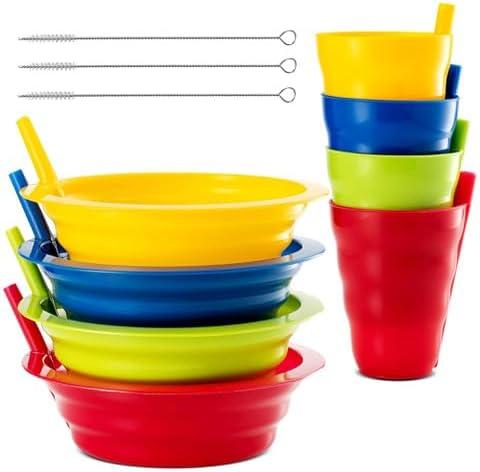 PLASKIDY Cereal Bowls with Straws & Kids Straw Cups - Set of 4 Kids Plastic Bowls with Straws & 4 Straw Cups for Kids BPA Free Dishwasher Safe Kids Bowls with Built-In Straw Include 3 Cleaning Brushes