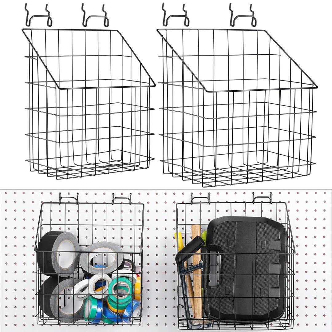 meekoo 2 Pcs Pegboard Baskets 12.4 x 7.5 x 12.8'', 11 x 5 x 12.6'' with 4 Hooks, Peg Board Organizer Accessories Organize Tools for Workbench Garage Storage Hardware Attachments(Black)