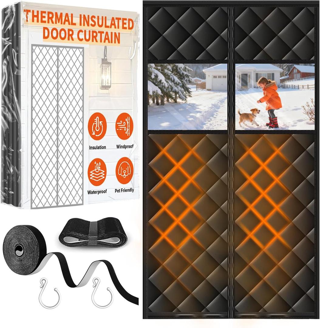 Upgraded Magnetic Thermal Insulated Door Curtain for Winter with Clear Window, Fit Door Size 36x82 in, Heavy Duty 4-Layer Oxford with Thicken Cotton, Self-Closing for Sliding Glass Doorways, Black