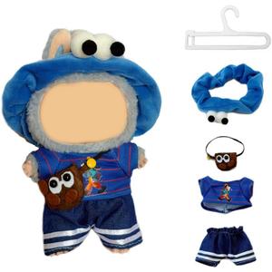 Doll Clothes Set for 15cm/17cm Dolls Outfit Accessories, Blue Headband + Blue Short-Sleeved Shirt + Blue Jeans + Brown Cartoon Crossbody Bag + Clothes Hanger (No Doll Included)