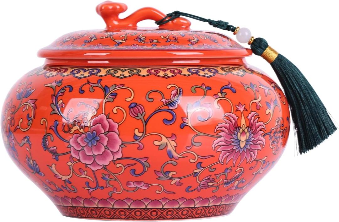 Decorative Ceramic Enamel Ginger Jar for Home Decor - Blue and White Porcelain Storage Jar, Chinoiserie Flower Vase, Multi-Purpose Decorative Container (Orange)