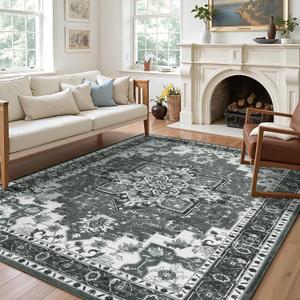 6x9 Area Rugs for Living Room, Machine Washable Non Slip Carpet, Vintage Floral Aesthetic Rug, Dining Home Decor, Ash Grey