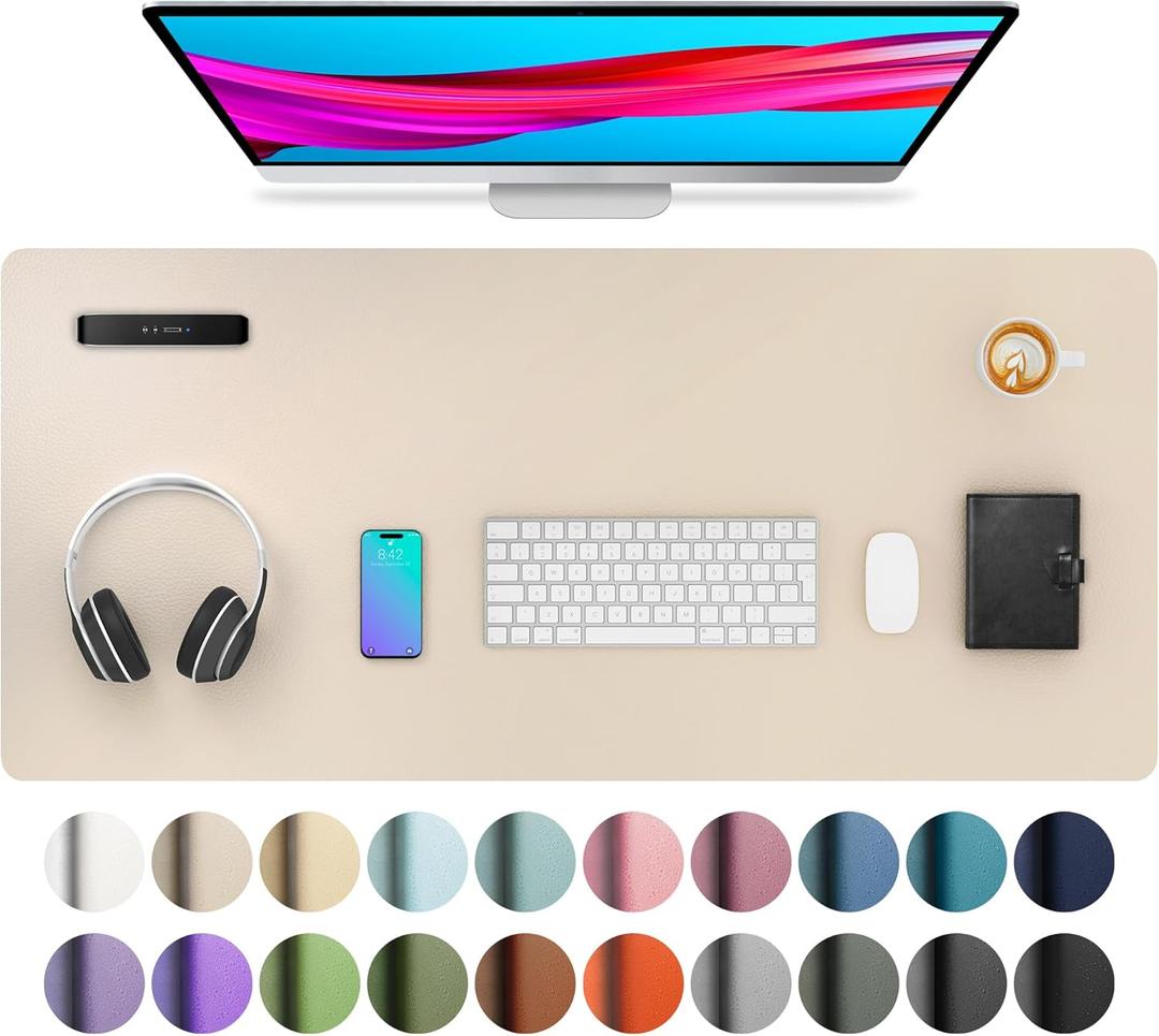Aothia Leather Desk Pad Protector, Mouse Pad, Office Desk Mat, Non-Slip PU Leather Desk Blotter, Laptop Desk Pad, Waterproof Desk Writing Pad for Office and Home (Beige, 36" x 17")