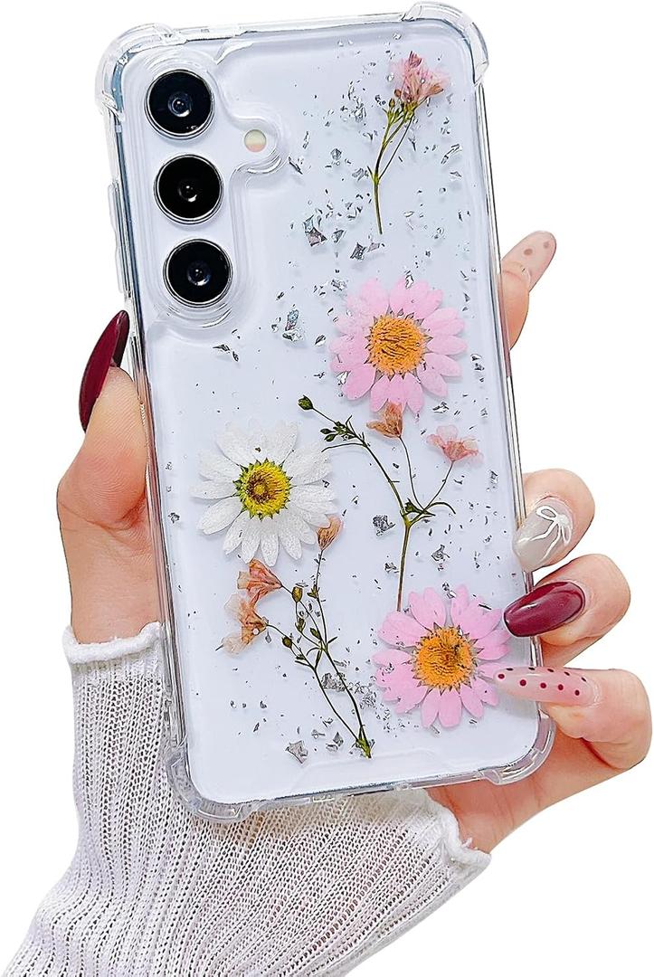 Compatible with Samsung Galaxy S25 Case Cute Pressed Dried Real Flowers Design Women Girly Shockproof Glitter Floral Clear Phone Cover for Galaxy S25 (Pink Flower)