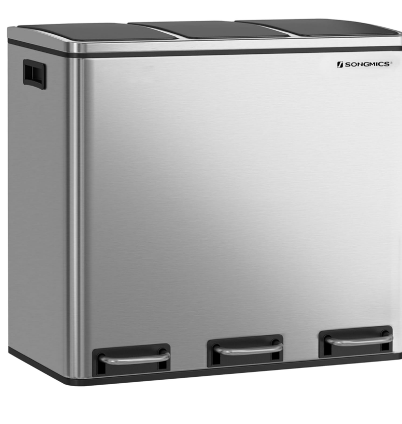 SONGMICS Garbage Can, 3 x 4.8 Gallon (3 x 18 L) Trash Can, Recycle Bin with Soft-Close Lids, Pedals, and Inner Buckets for Kitchen, Stainless Steel, Silver and Black ULTB54NL