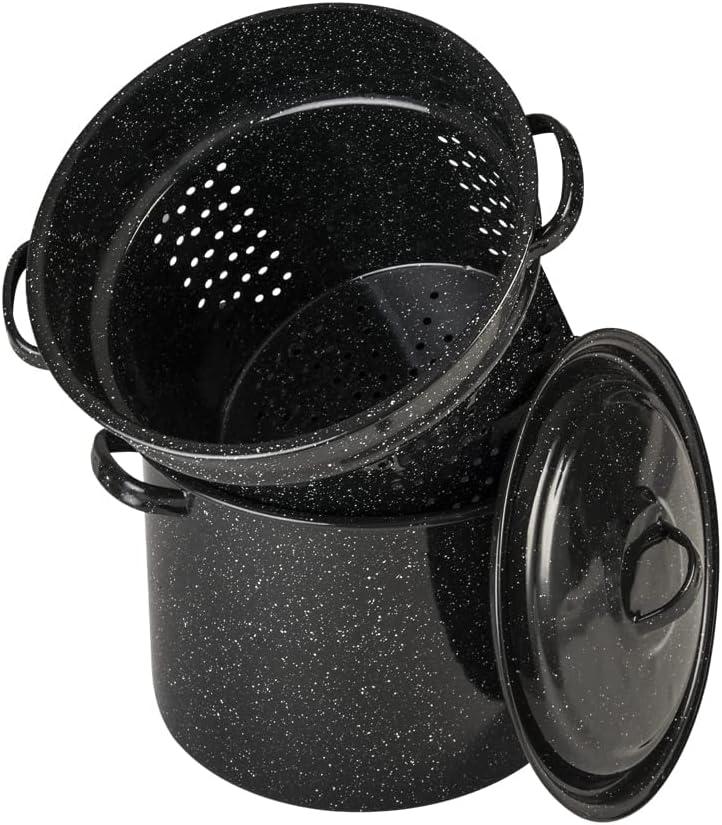 Granite Ware 7.5 Qt 3 Piece Multiuse Pasta Pot Set, Strainer Pot with lid. (Speckled Black) Seafood, Soups, Sauce, Large Capacity. Easy to Clean. Dishwasher Safe. (11 x 21 x 20 in.)