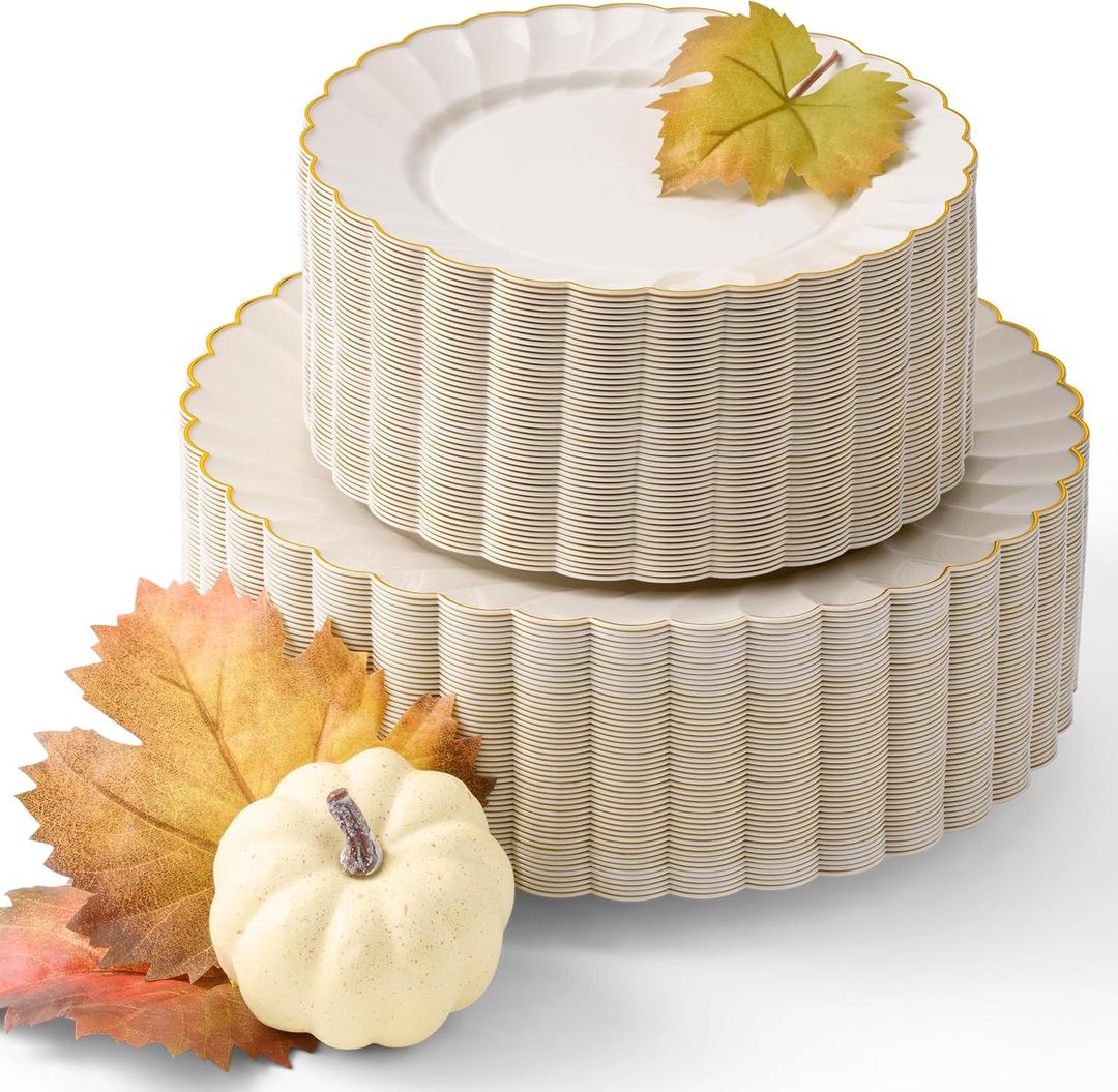 By Madee HEAVYWEIGHT 100 Pc Thanksgiving Plastic Plates for Party  Ivory Scalloped Plates with Gold Trim Disposable Plates for Fall Parties, Weddings & Friendsgiving (50 Guests) By Madee HEAVYWEIGHT 100 Pc Thanksgiving Plastic Plates for Party  Ivory Scalloped Plates with Gold Trim Disposable Plates for Fall Parties, Weddings & Friendsgiving (50 Guests)