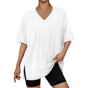 Trendy Queen Oversized Tshirts for Women Workout Plus Size Tops V Neck Short Sleeve Gym Shirts Casual Loose Fit Basic Tees (Medium, White)