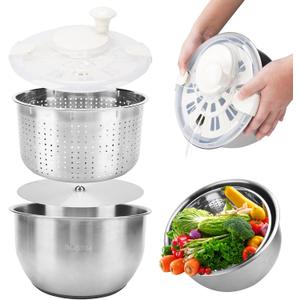 Stainless Steel Salad Spinner, Lettuce Spinner with Drain, fruit washer 6 QT with PP Cover Non-Slip Base, 3-in-1 Vegetable Wash Bowl for Dehydrating Lettuce, Fruits and Vegetables, Pasta