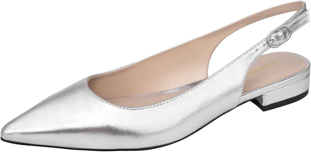 WONDERWAY Women Slingback Flat Pointed Toe Shoes for Dressy,Casual,Work,Wedding (9, Silver)